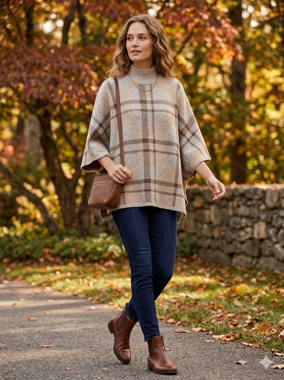 Note di Anita Merino Wool Cashmere Plaid Poncho Sweater Tan Gray - One Size